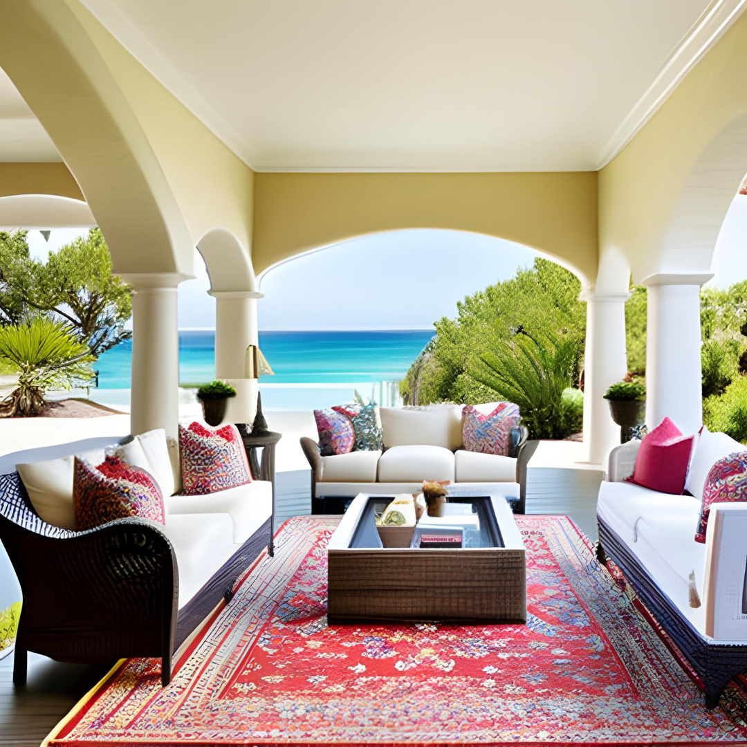 Beach House Living Room: Cozy beach house interior with a wool rug.
