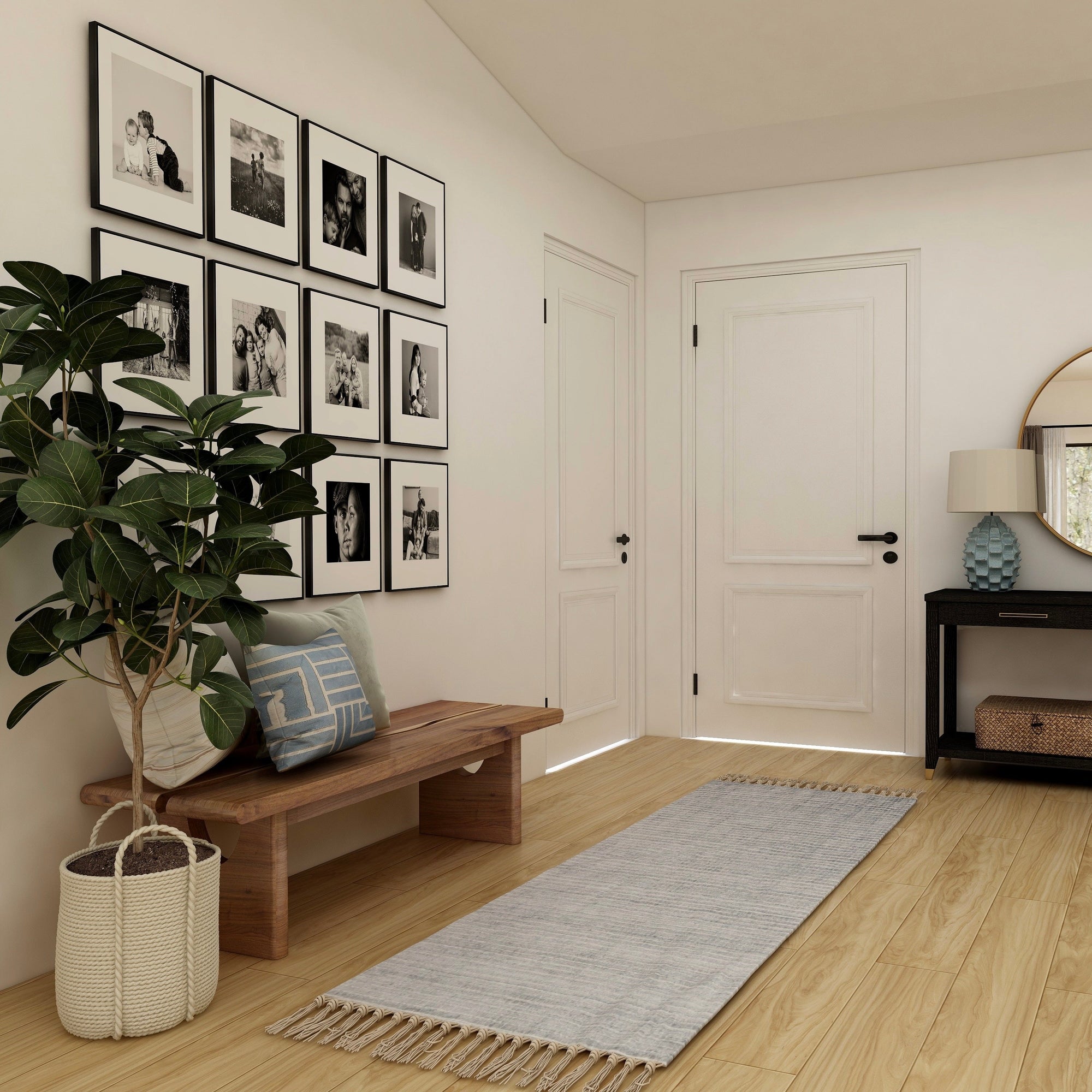 Entryway Rug Options: Various rugs displayed in a hallway.