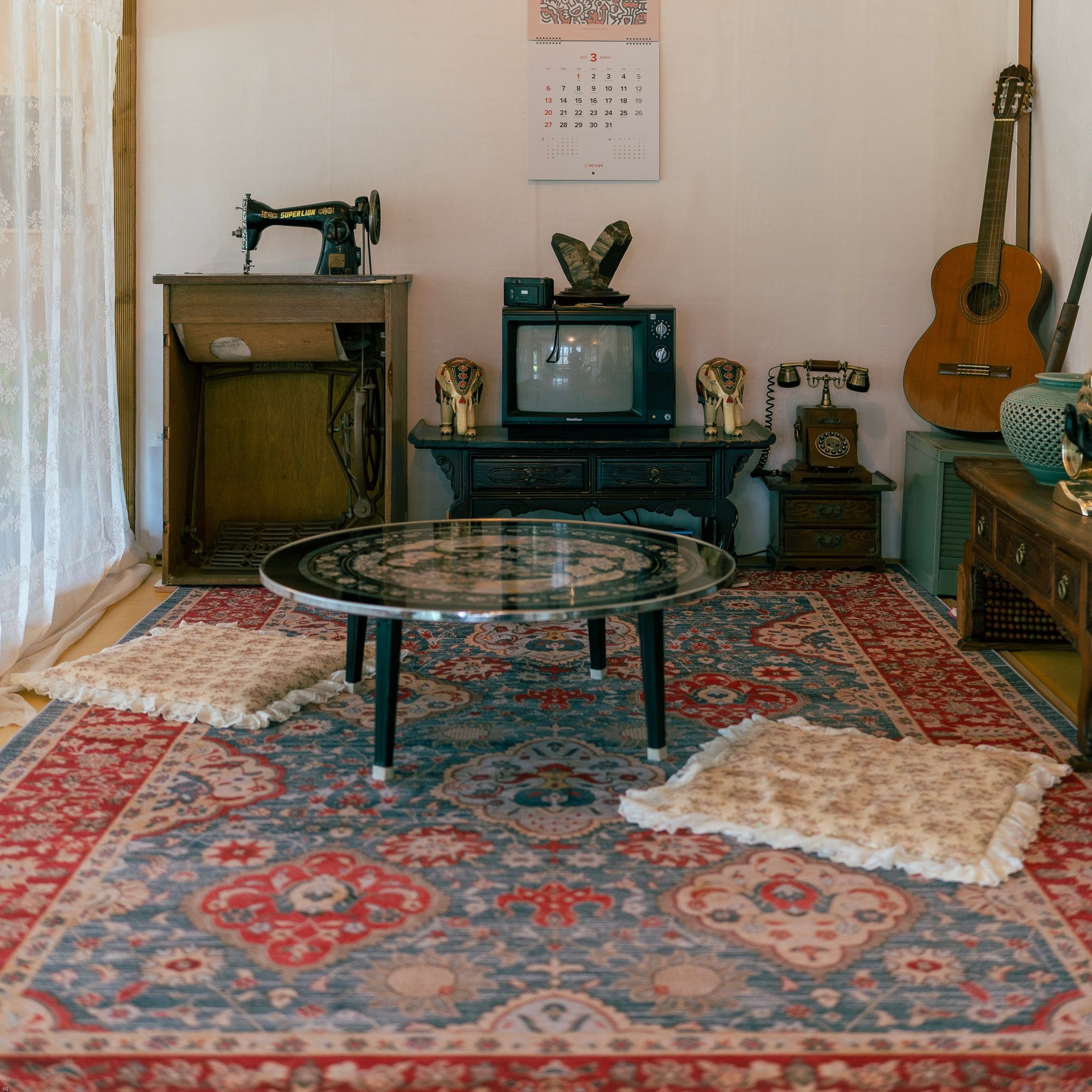 Turquoise Rug Complementing Neutral Furniture