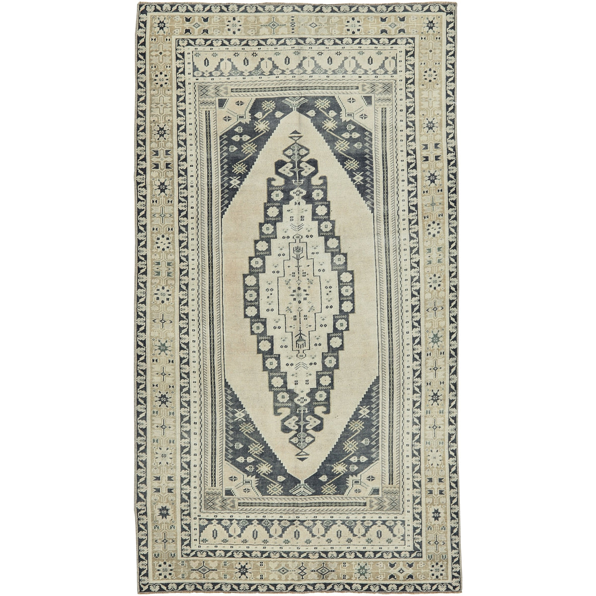 Alceena | Timeless Cream Geometry | Vintage Turkish Small Rug | Kuden Rugs