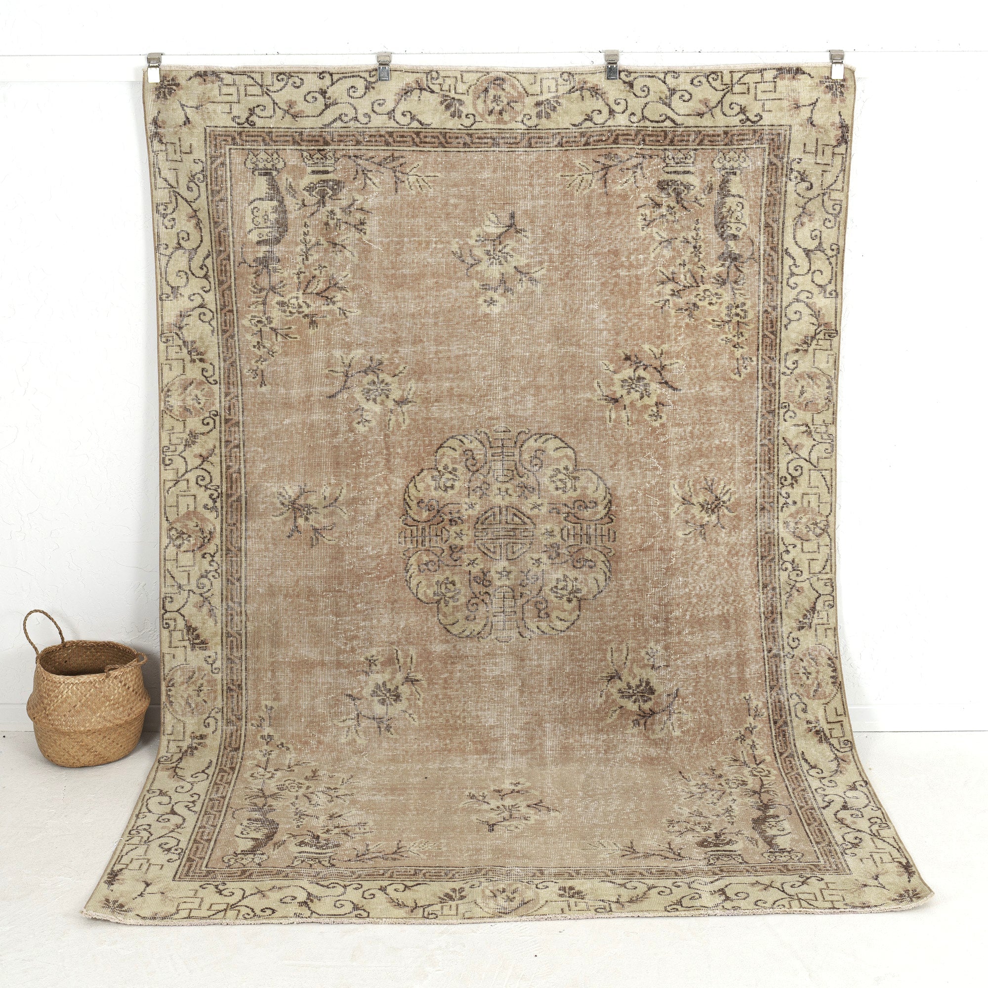 Handmade 7x9 area rug in beige, ideal for a cozy living room, bedroom, entryway, office, kitchen & dining