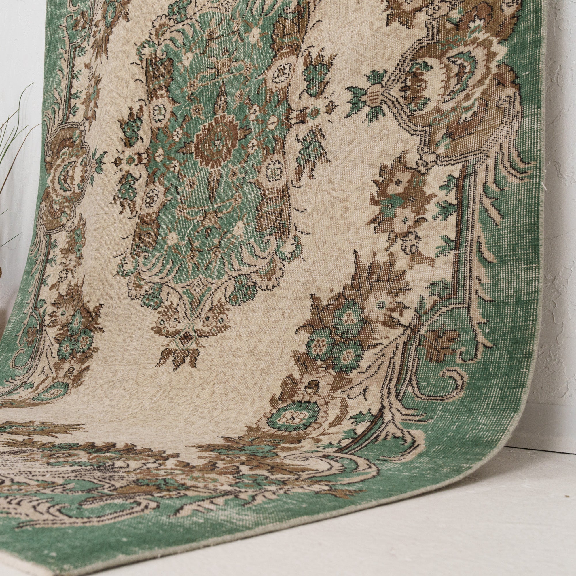 Beige and Green Area Wool Rug