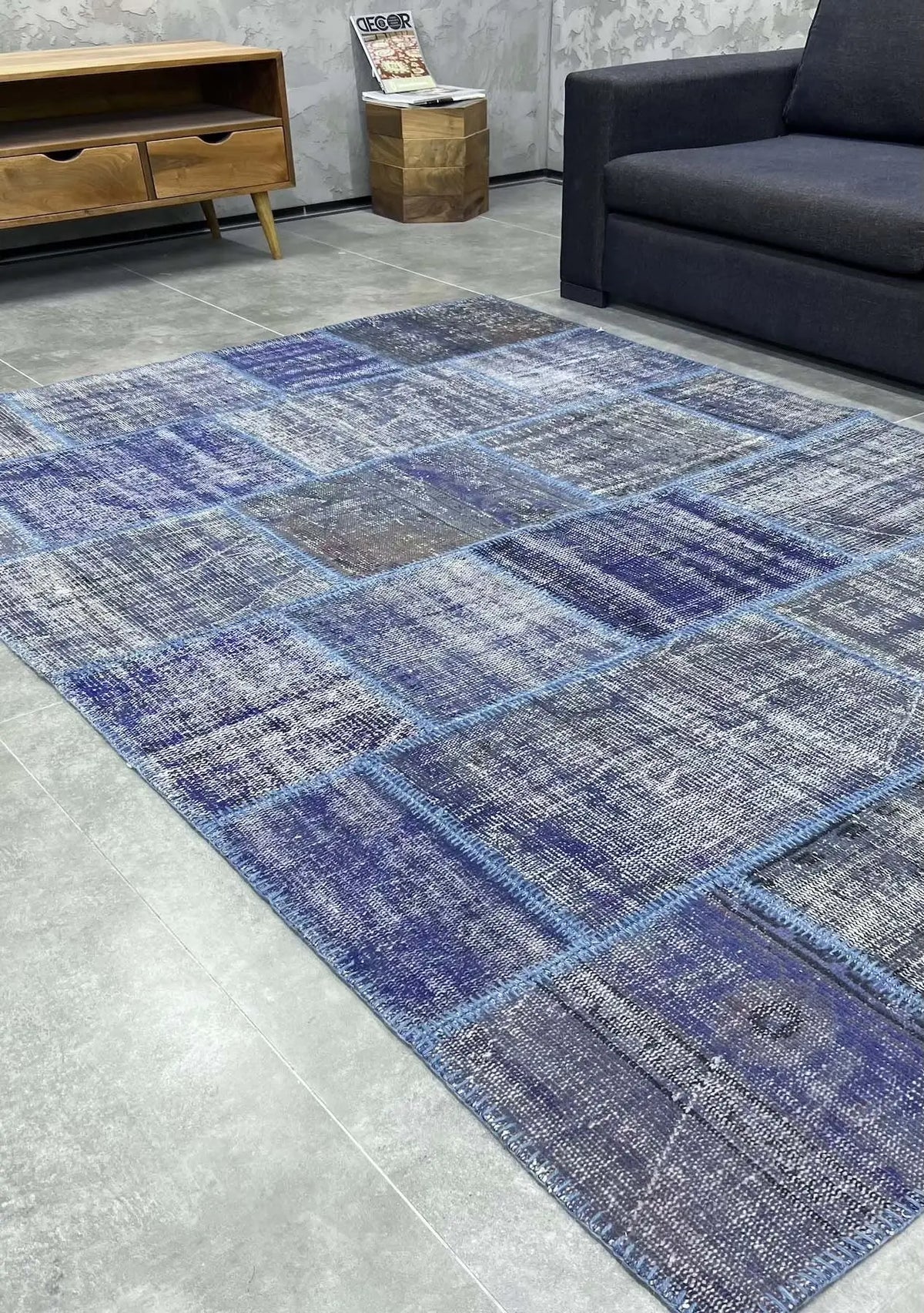 Fulvia - Vintage Navy Blue Patchwork Rug - kudenrugs
