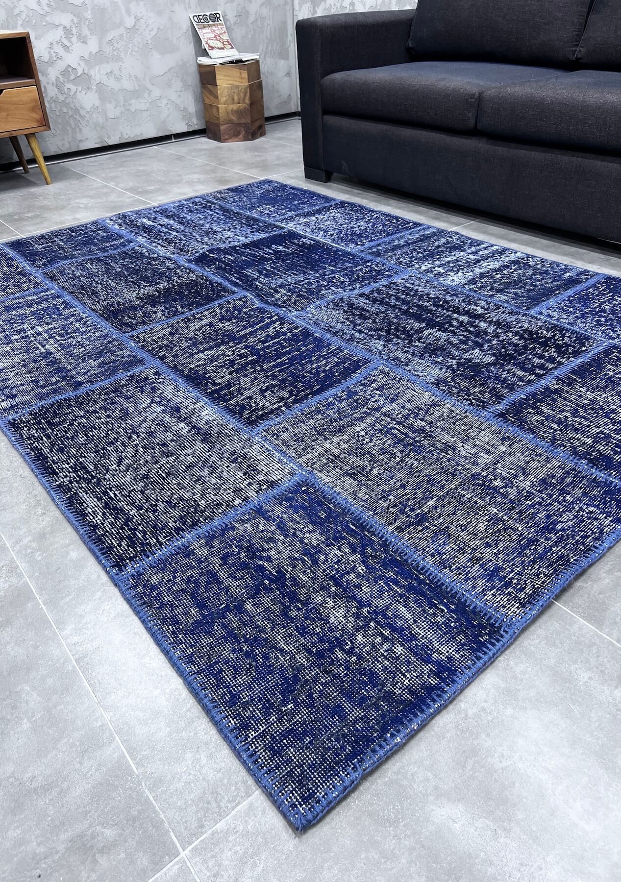 Giovanna - Vintage Navy Blue Patchwork Rug - kudenrugs