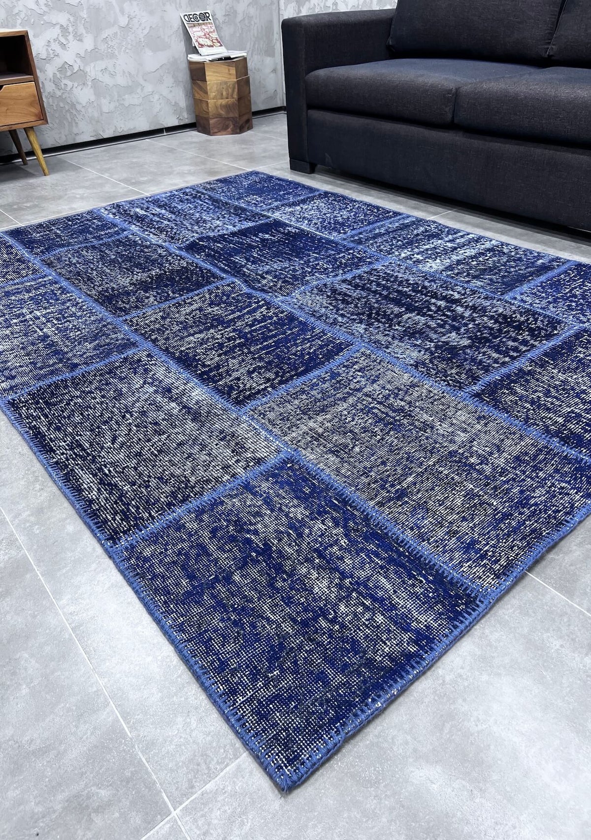 Giovanna - Vintage Navy Blue Patchwork Rug - kudenrugs