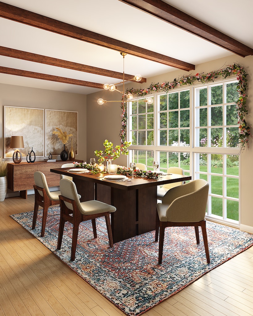 Elegant Dining Room with Patterned Rug