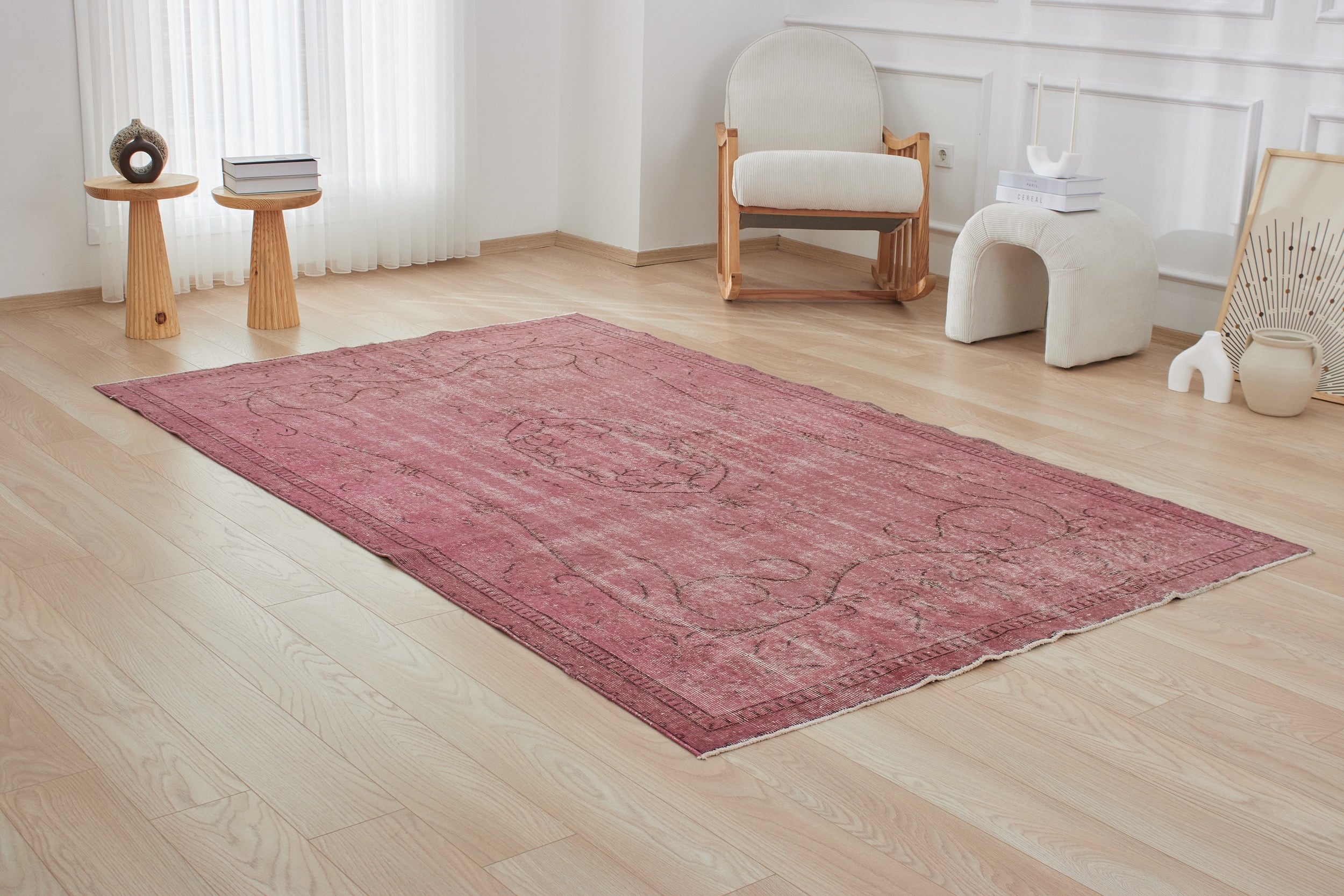 Pink Living Room Rug,Overdyed Hand Made Rug,Turkish Pink Carpet, Rustic Bedroom Rug, Boho Nursery Rug, Muted Kids Room Rug 7 x 4.4 Ft on sale 8833