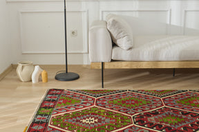 Embrace the vibrant geometric patterns of the Maryjane kilim. | Kuden Rugs