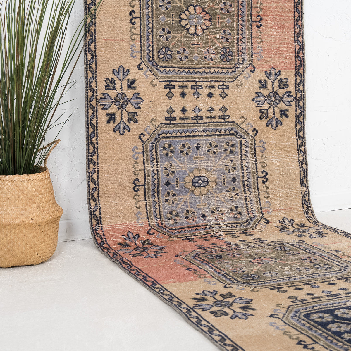 Beige and Pink Runner Wool Rug
