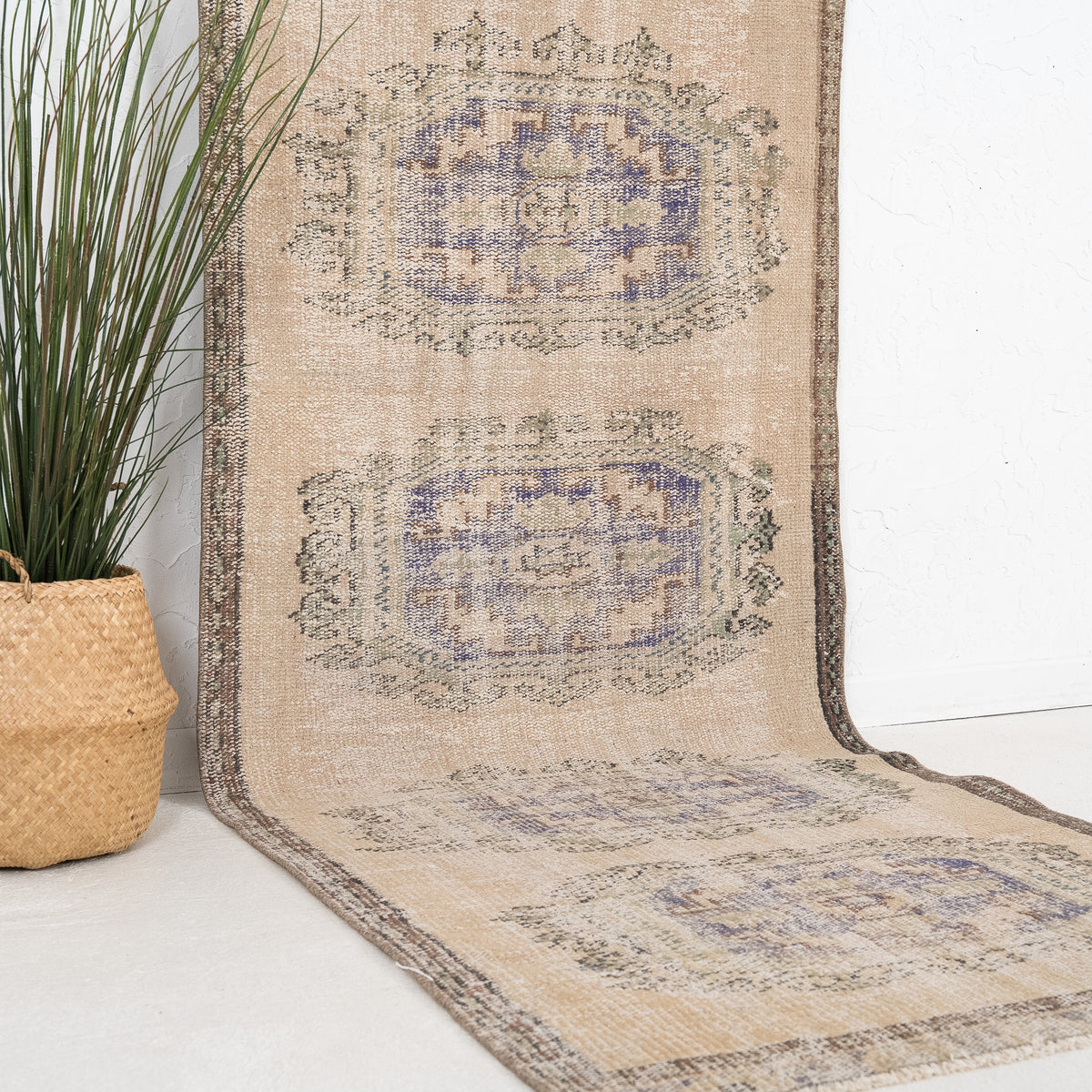Beige and Blue Runner Wool Rug