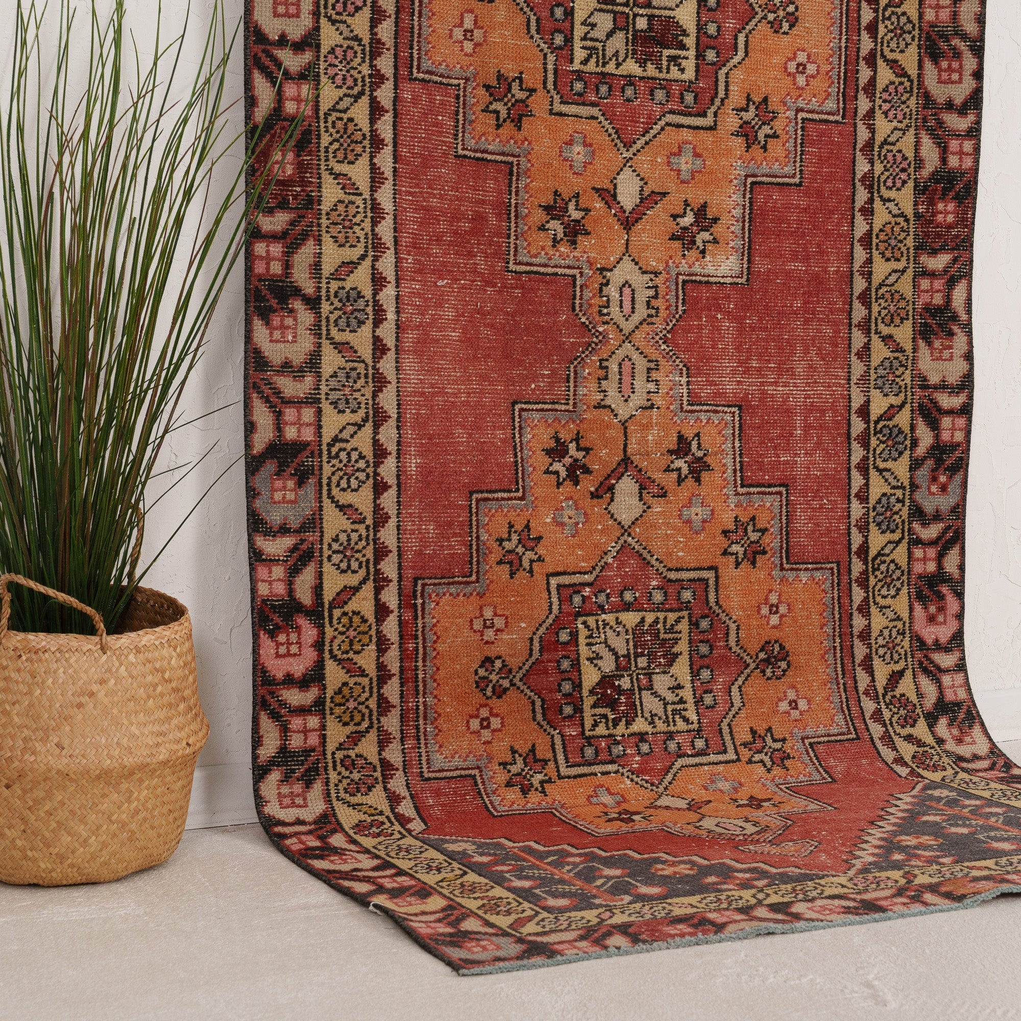 Red and Beige Runner Wool Rug