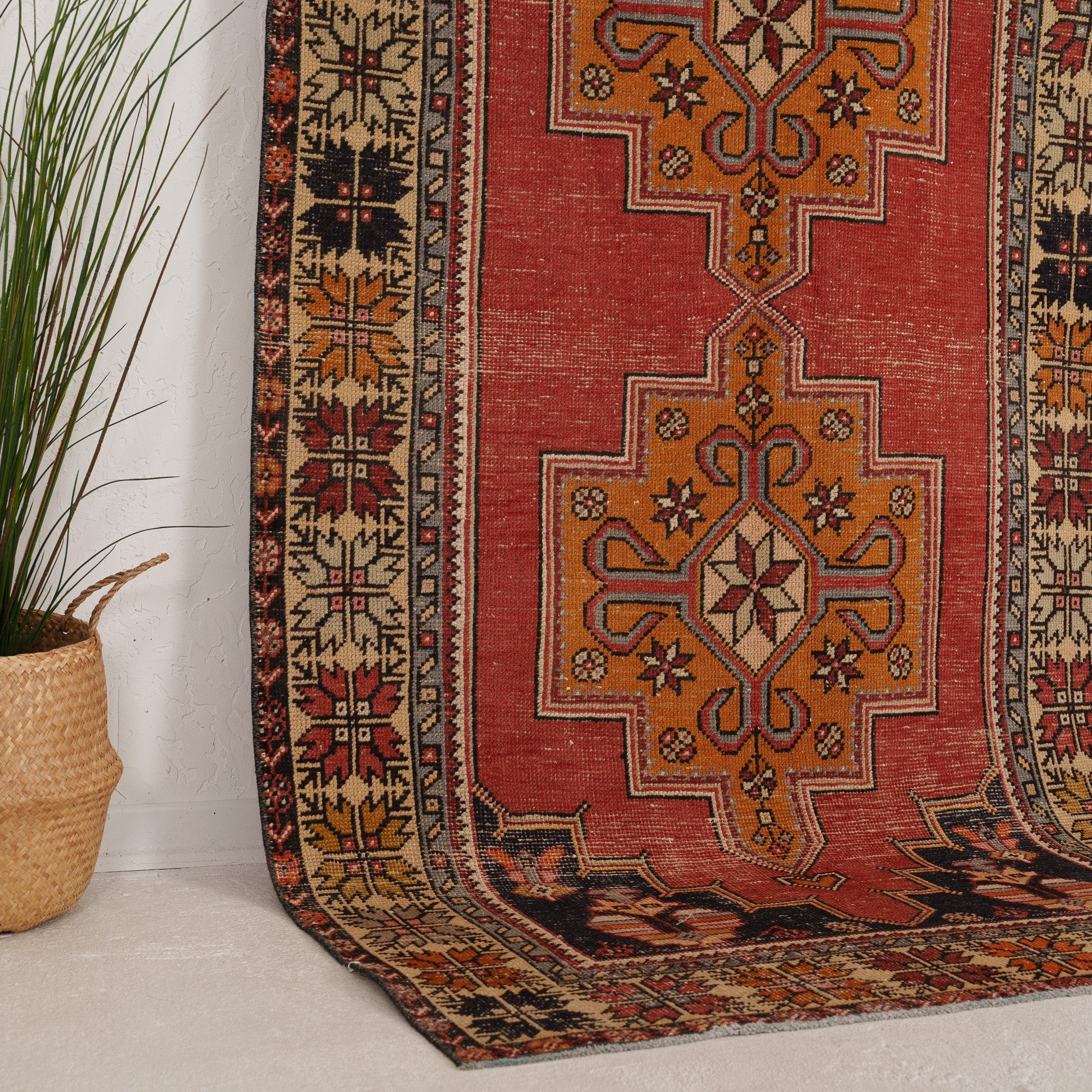Red and Beige Runner Wool Rug