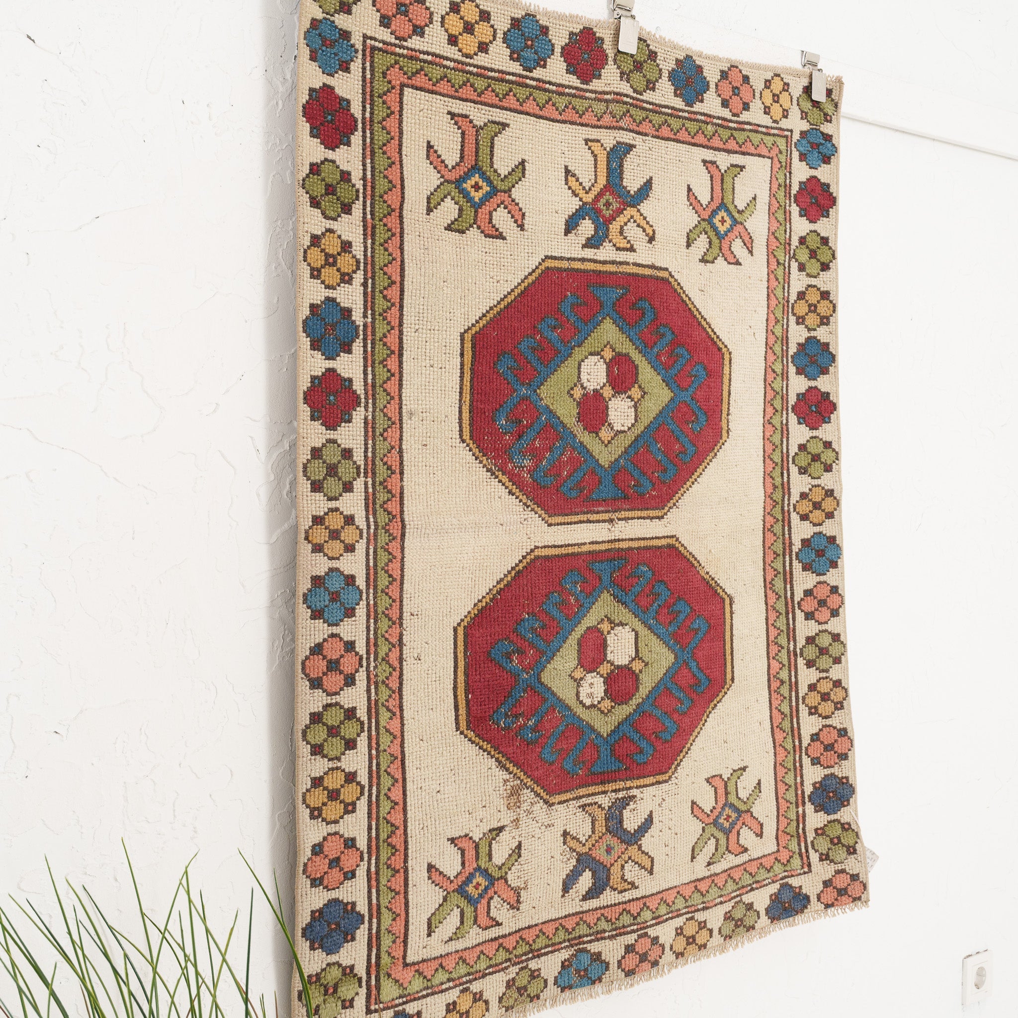 Beige and Red Area Wool Rug