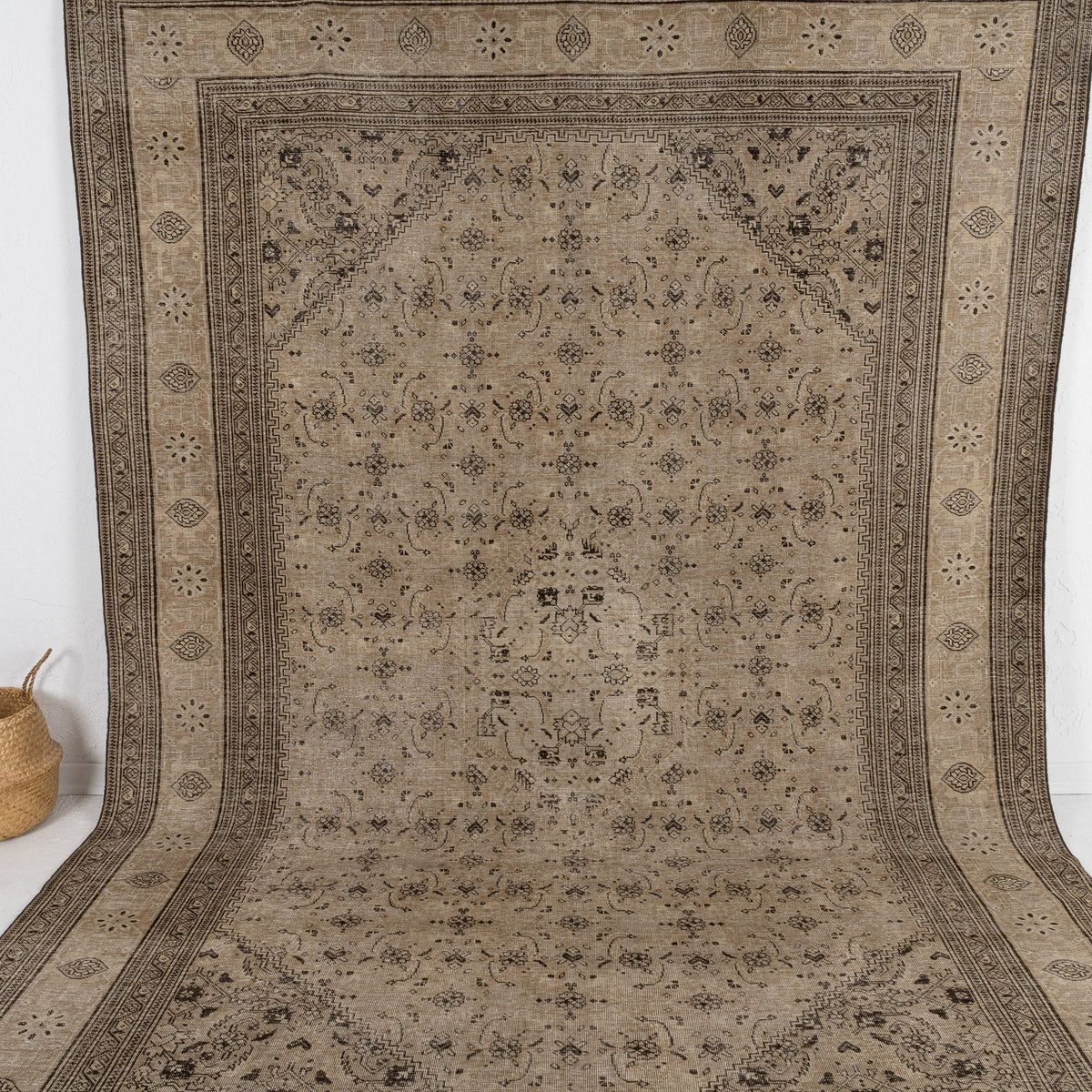 Handmade 7x11 area rug in beige, ideal for a cozy living room, bedroom, entryway, office, dining room