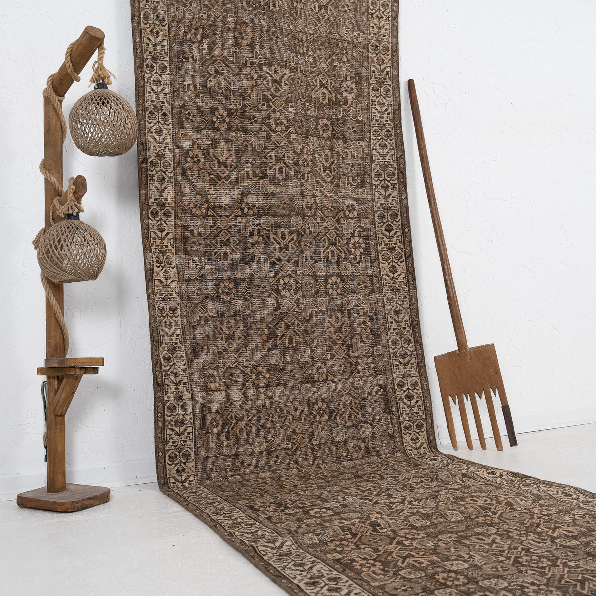 Brown and Beige Runner Wool Rug