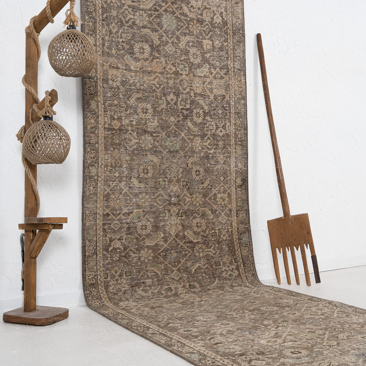 Brown and Beige Runner Wool Rug