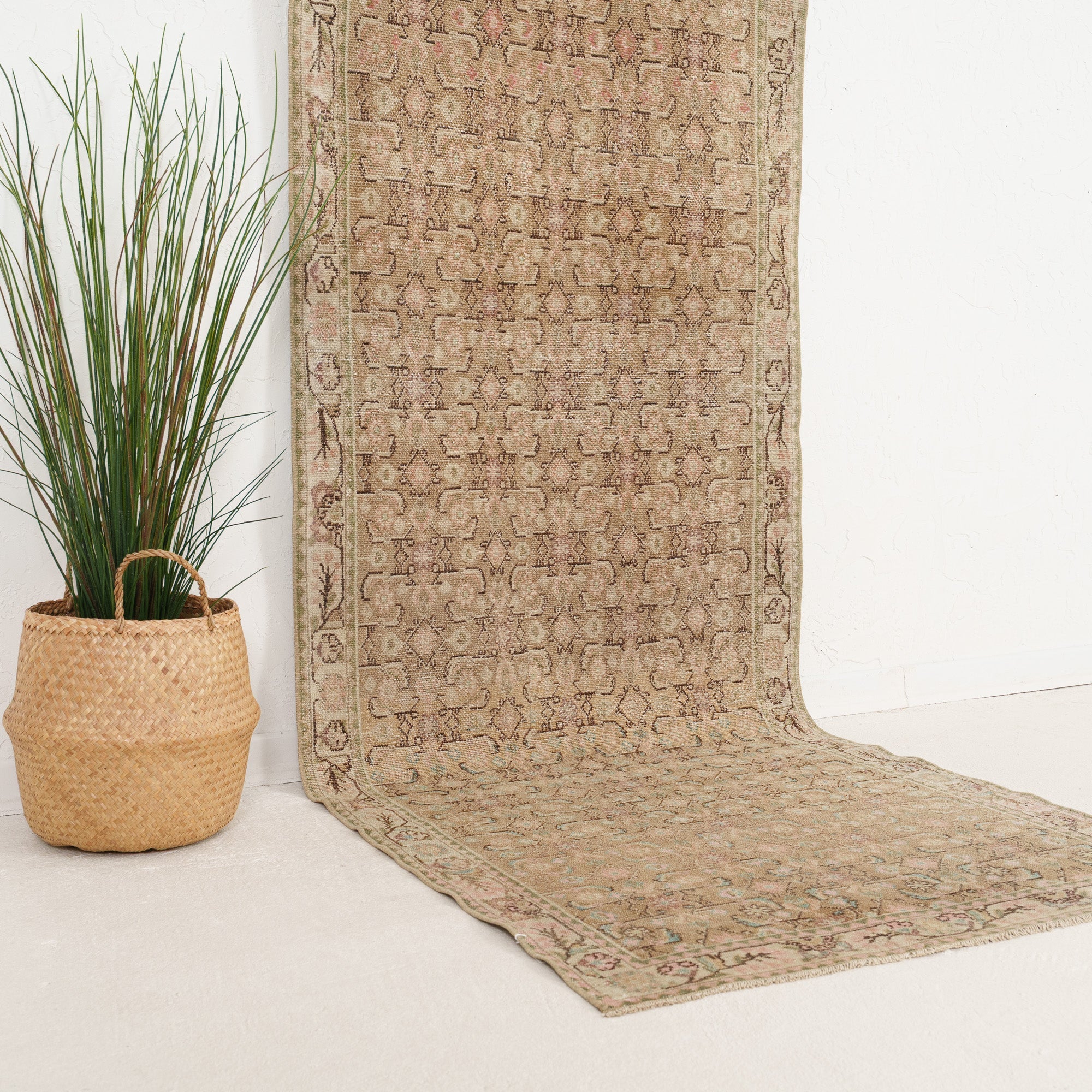 Beige and Pink Runner Wool Rug