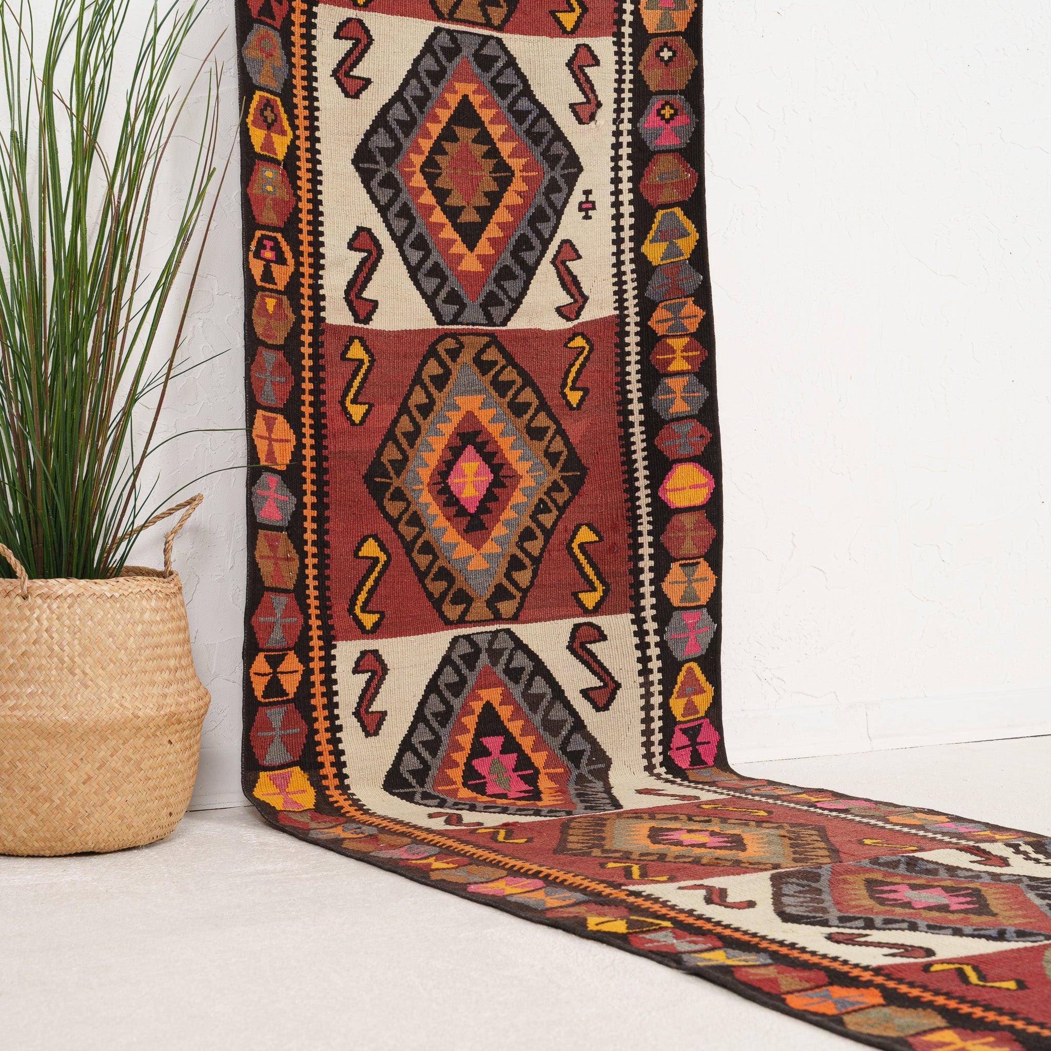 Red and Beige Runner Wool Rug