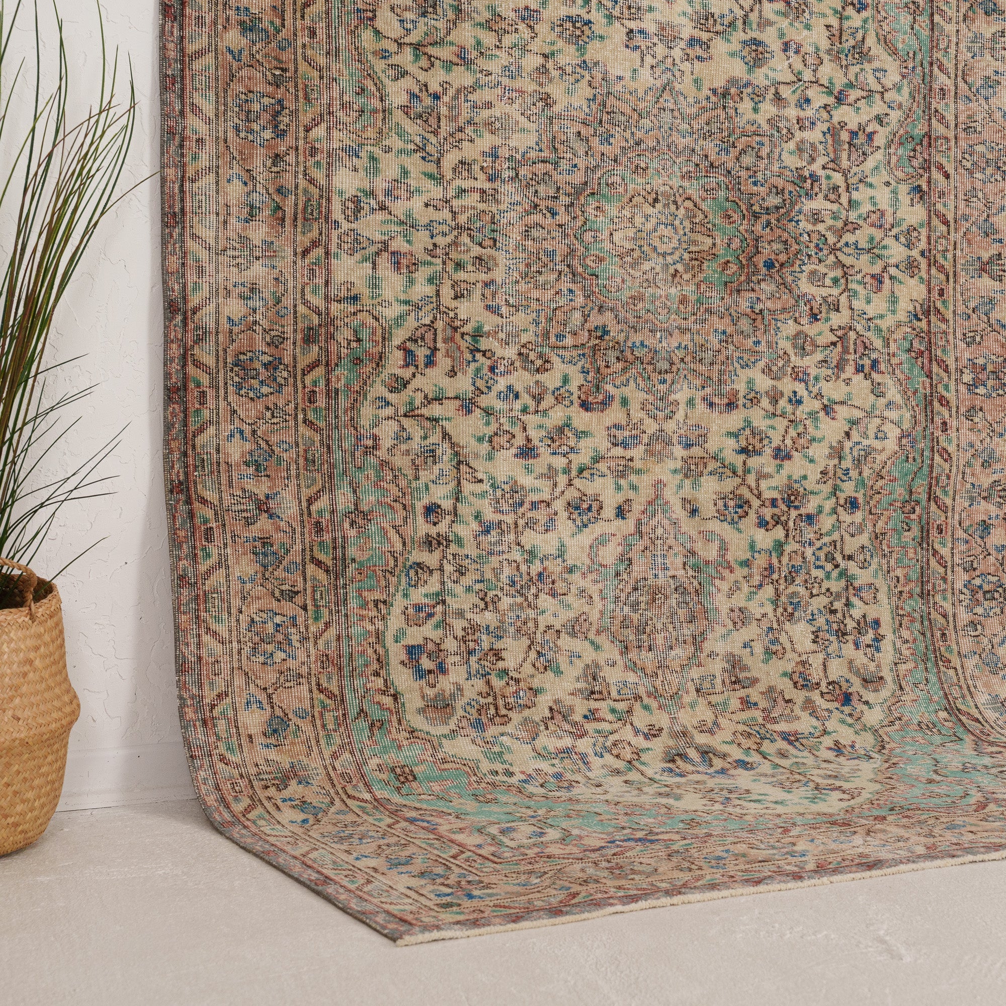 Beige and Green Area Wool Rug