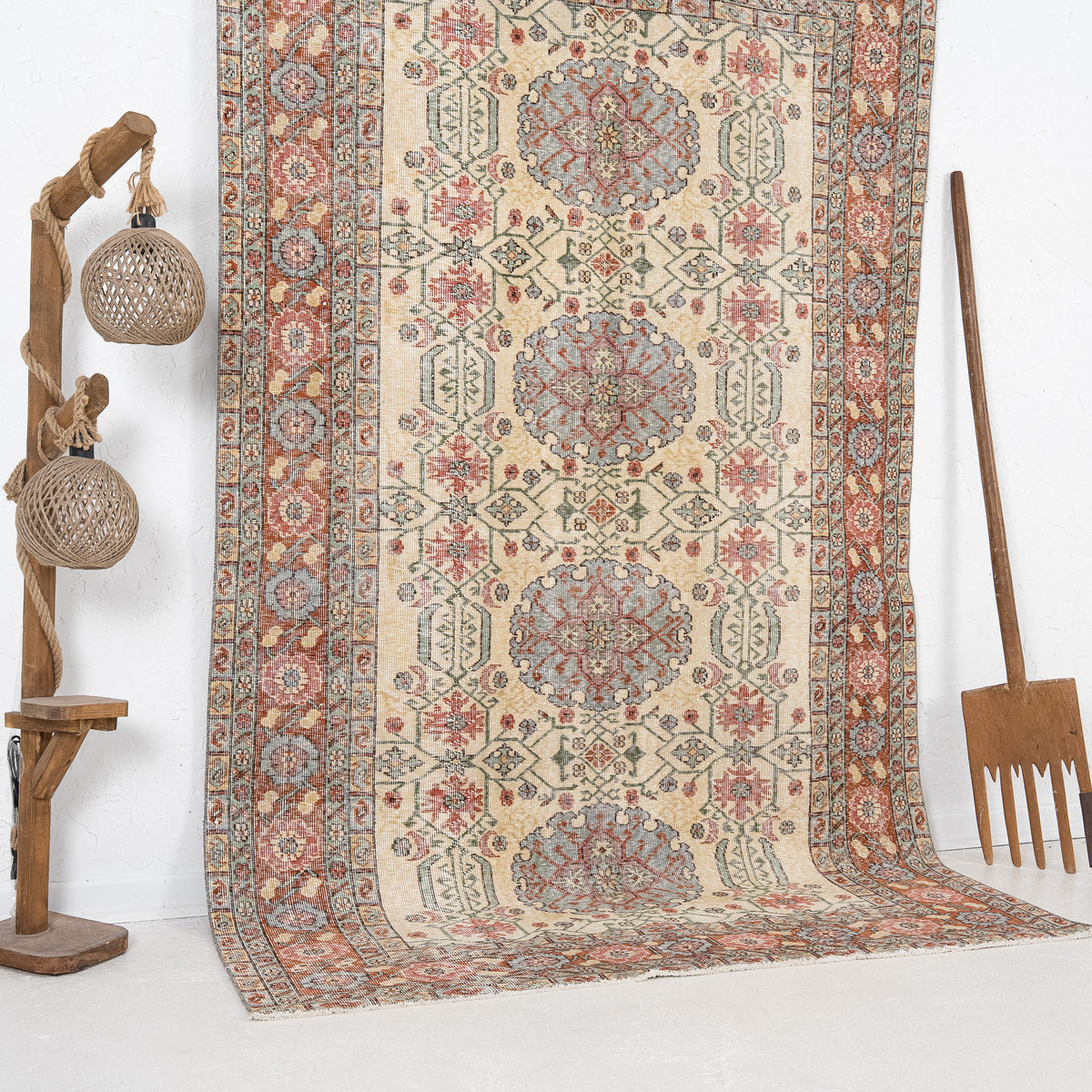 Beige and Red Area Wool Rug