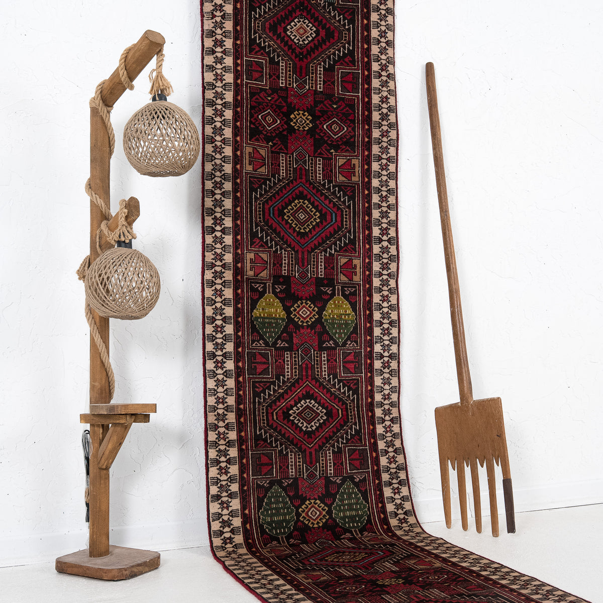 Red and Beige Runner Wool Rug