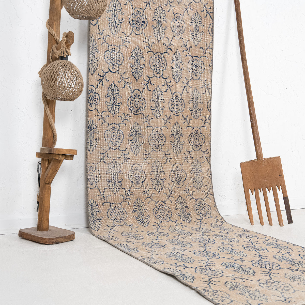 Beige and Blue Runner Wool Rug