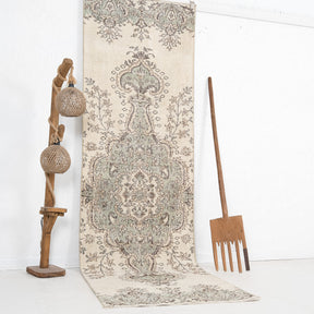 Beige and Green Runner Wool Rug