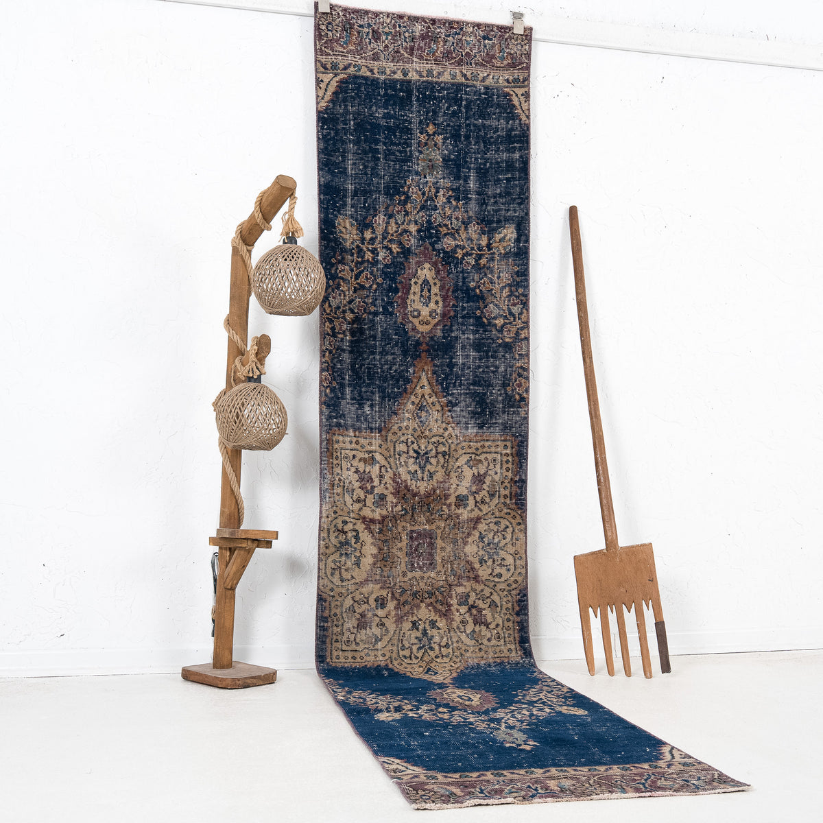 Blue and Beige Runner Wool Rug