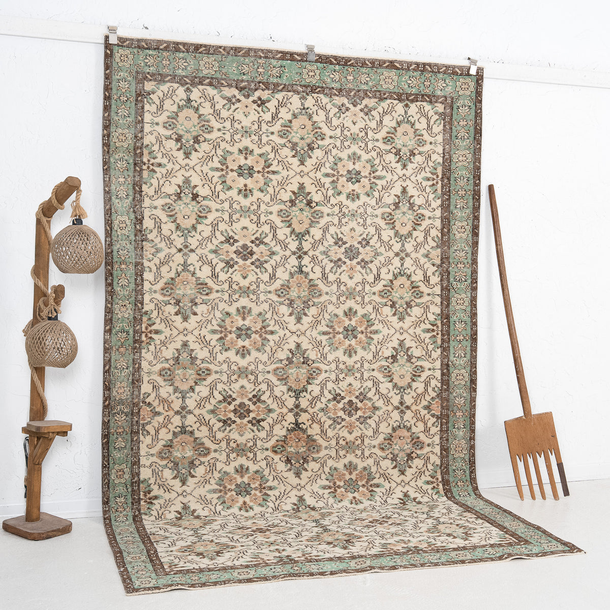 Beige and Green Area Wool Rug