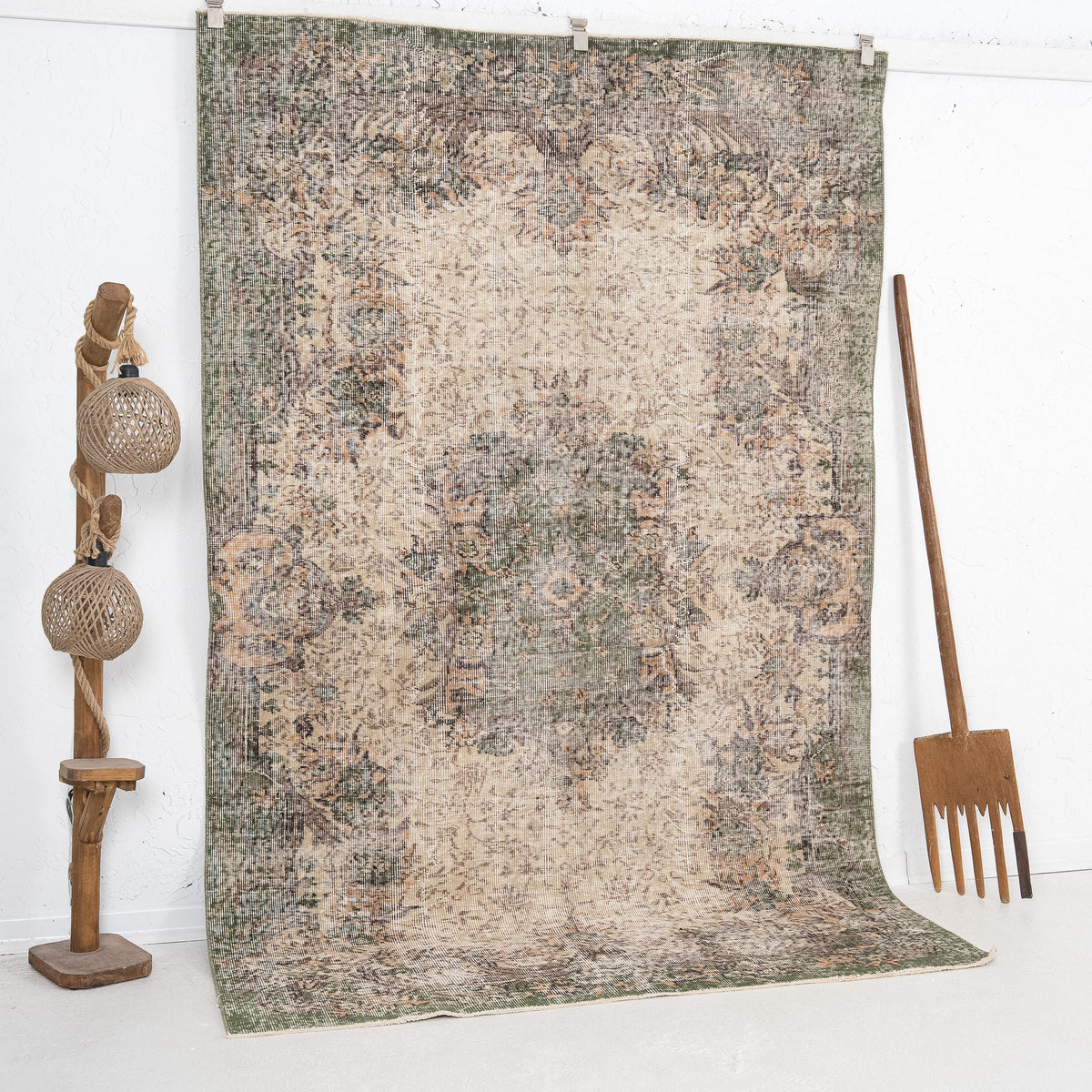 Beige and Green Area Wool Rug