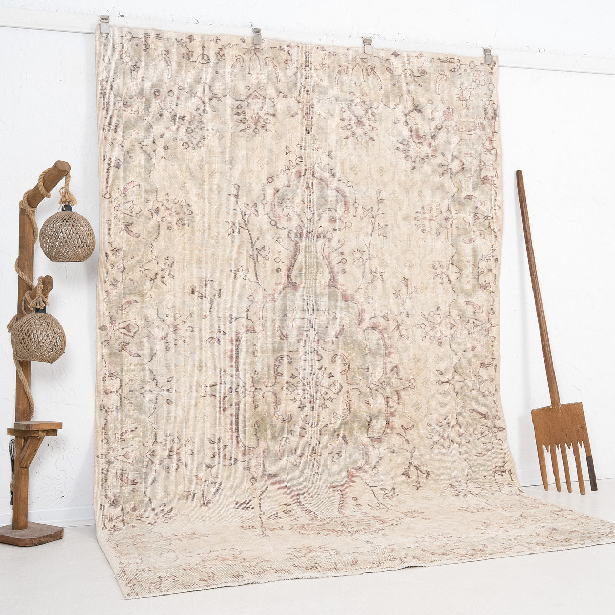 Beige and Green Area Wool Rug