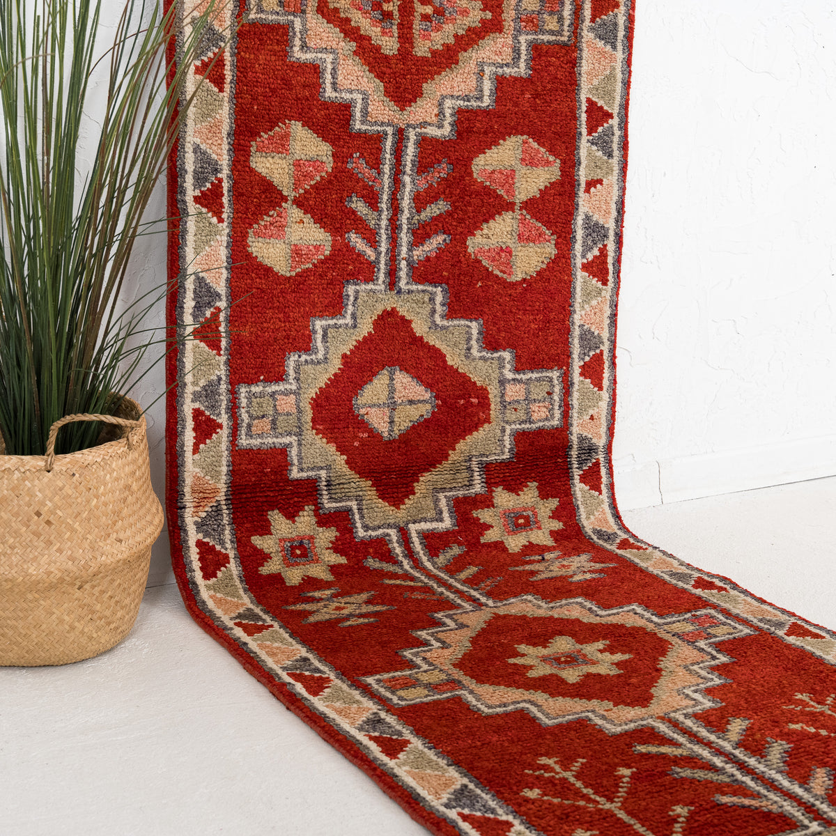 Red and Beige Runner Wool Rug