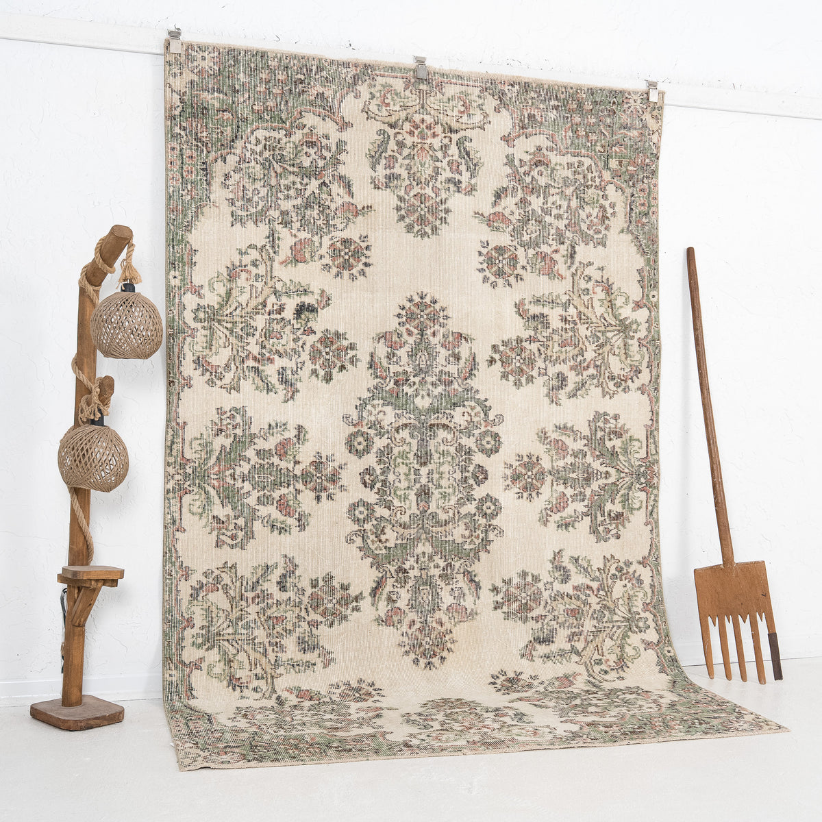 Beige and Green Area Wool Rug