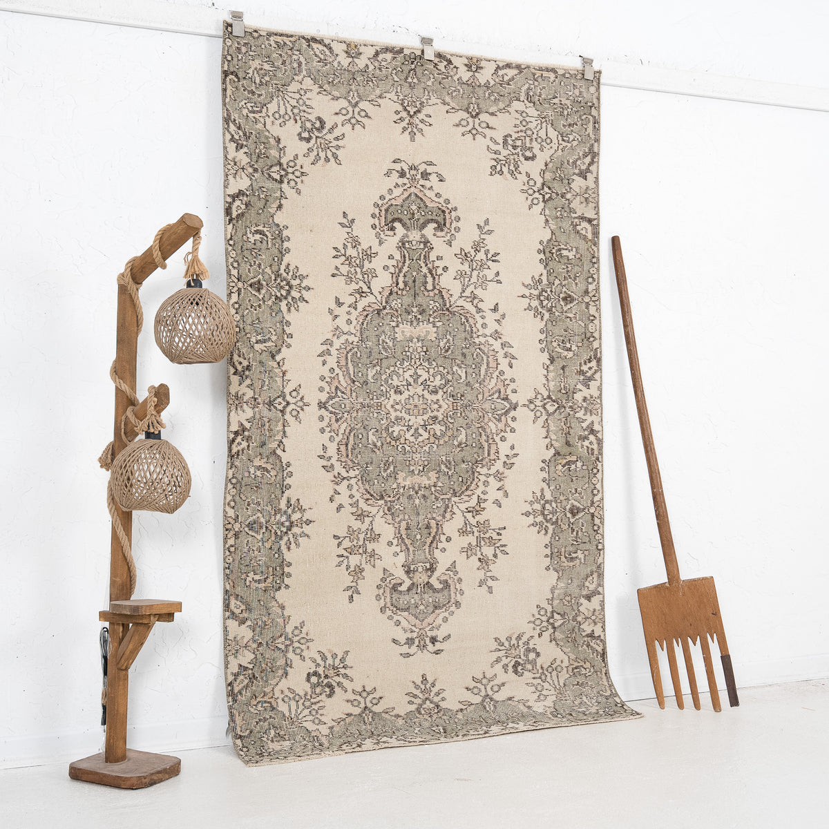 Beige and Green Area Wool Rug