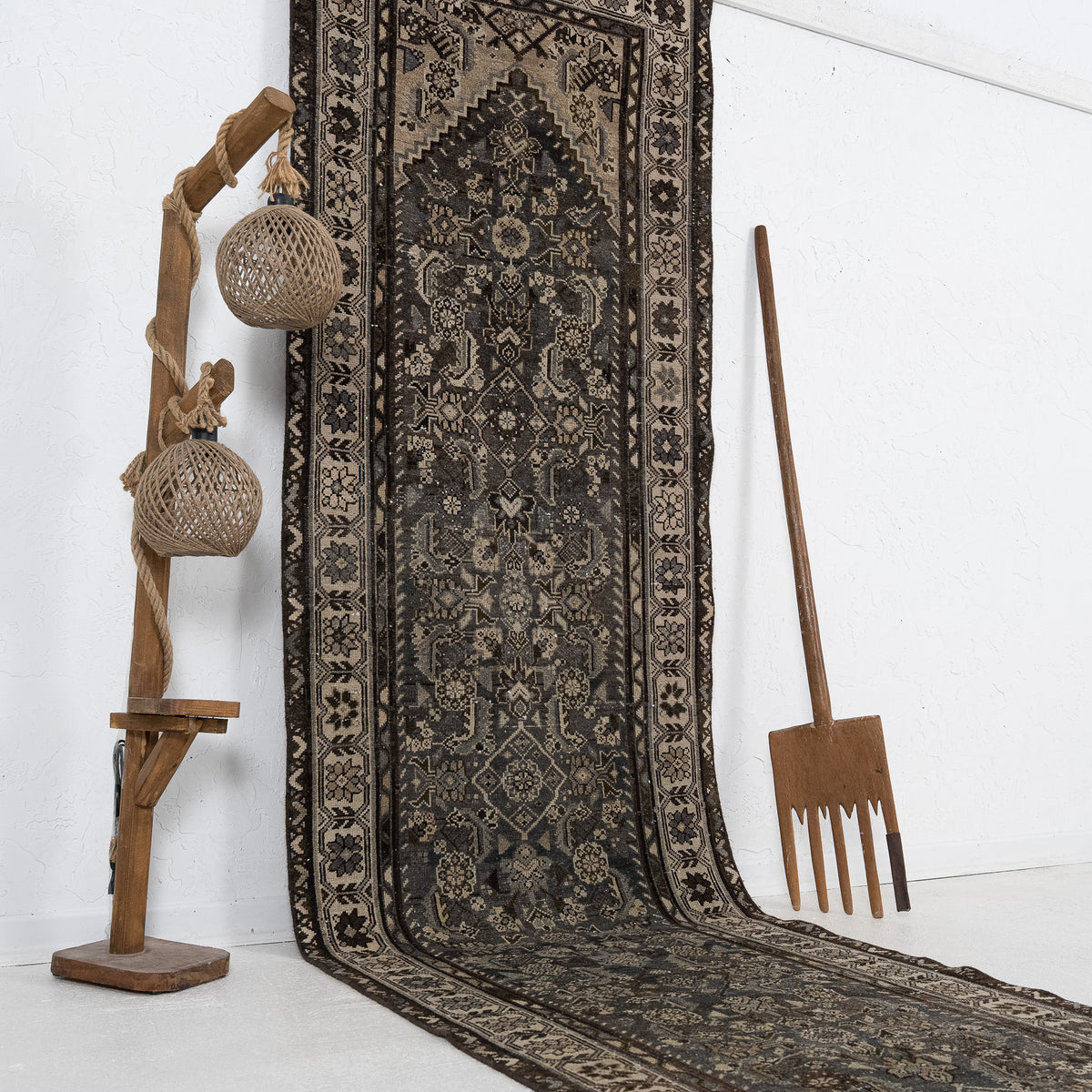 Brown and Beige Runner Wool Rug