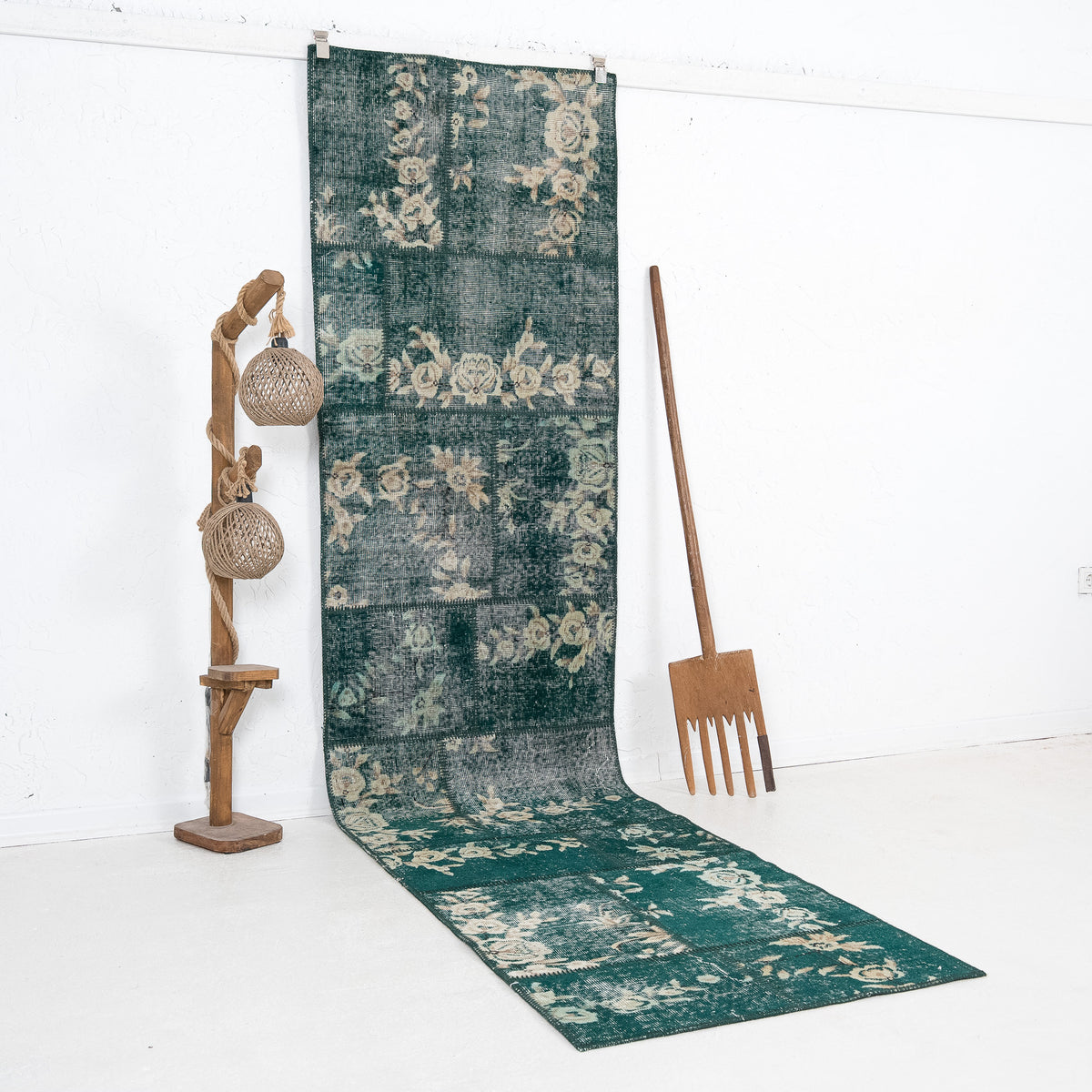 Green and Beige Runner Wool Rug