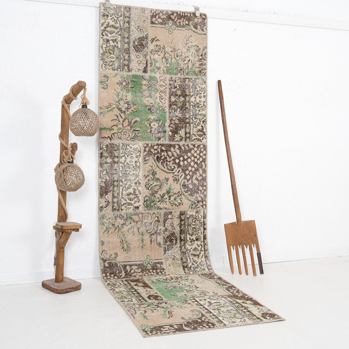 Beige and Green Runner Wool Rug