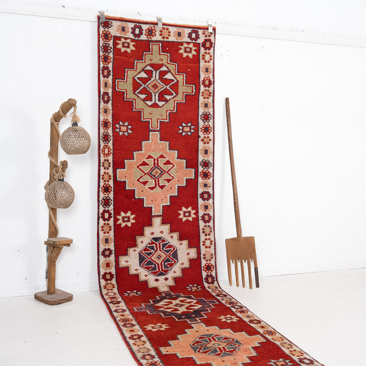 Red and Beige Runner Wool Rug