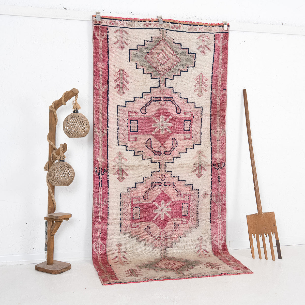 Beige and Pink Runner Wool Rug