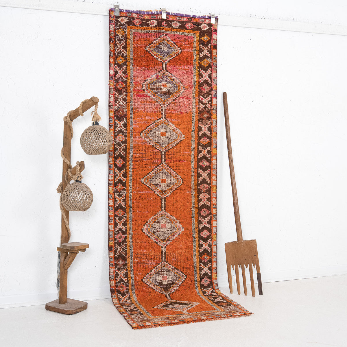 Orange and Brown Runner Wool Rug
