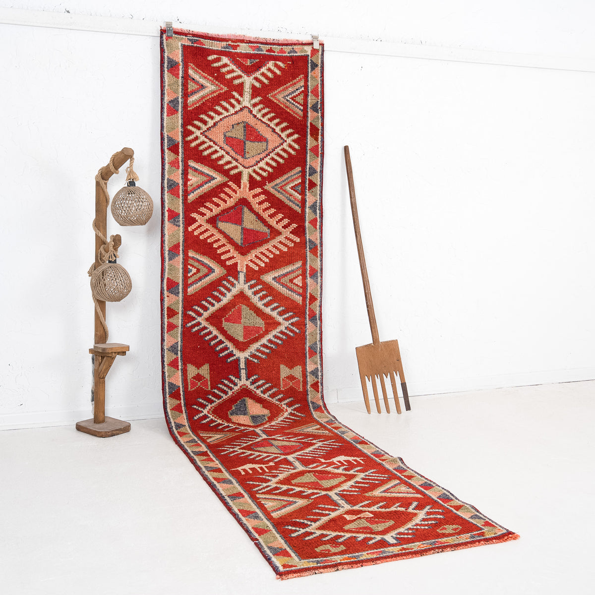 Red and Beige Runner Wool Rug