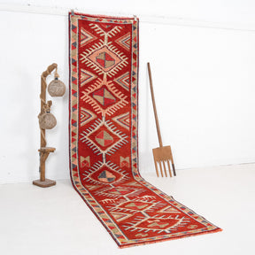 Red and Beige Runner Wool Rug
