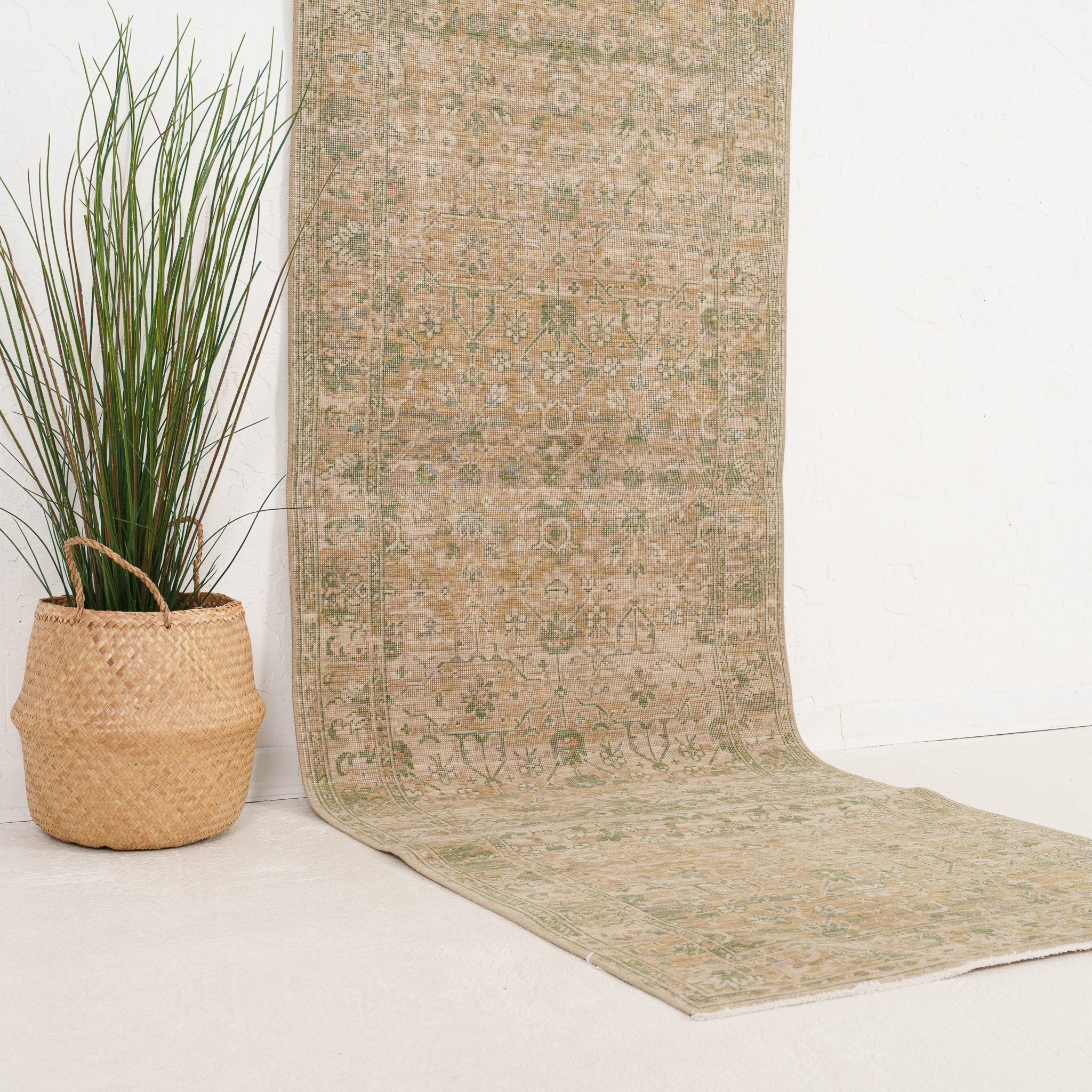 Beige and Green Runner Wool Rug