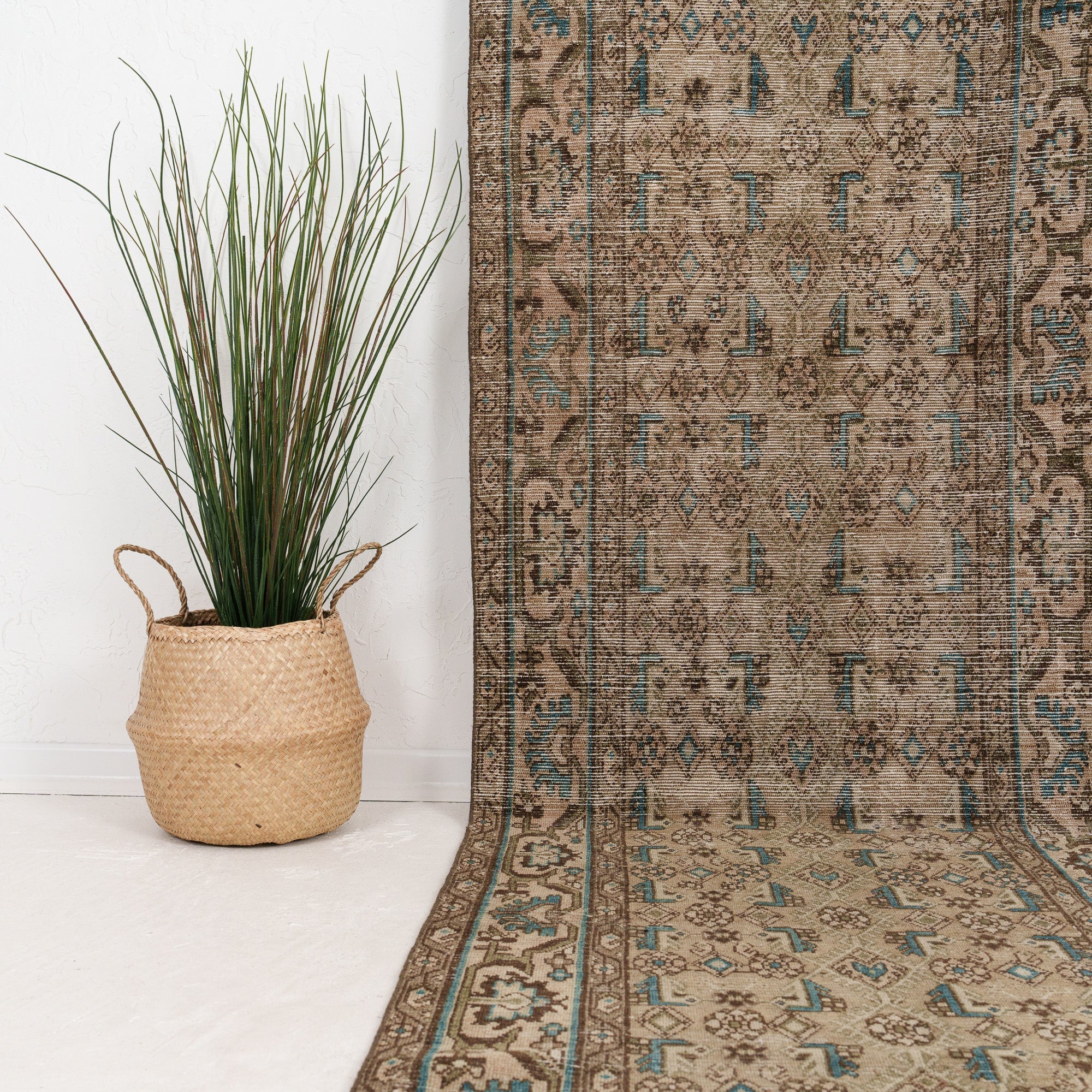 Beige and Green Runner Wool Rug