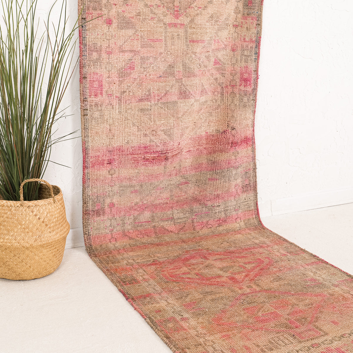 Beige and Pink Runner Wool Rug