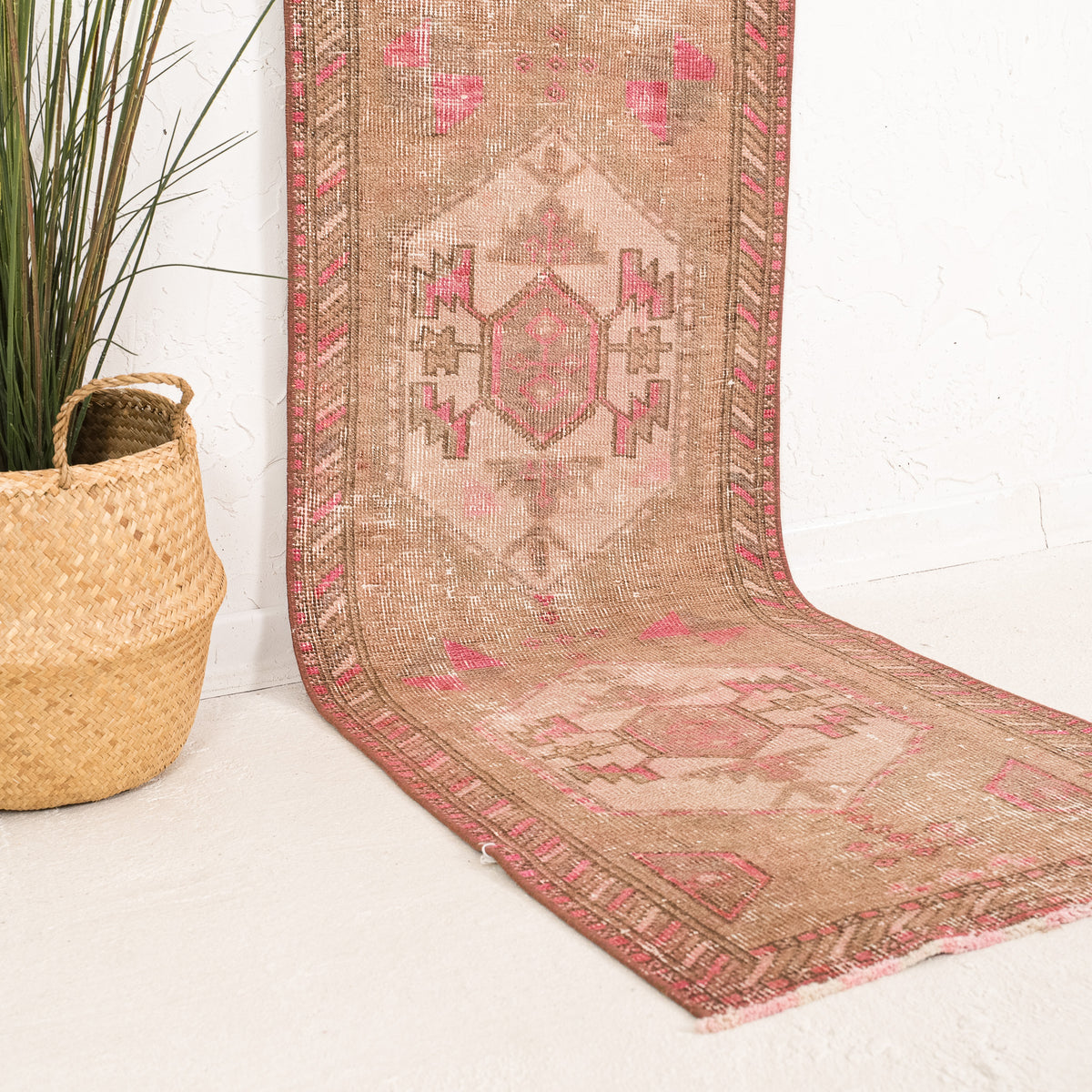 Beige and Pink Runner Wool Rug