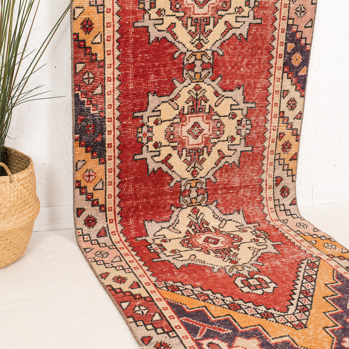 Red and Beige Runner Wool Rug