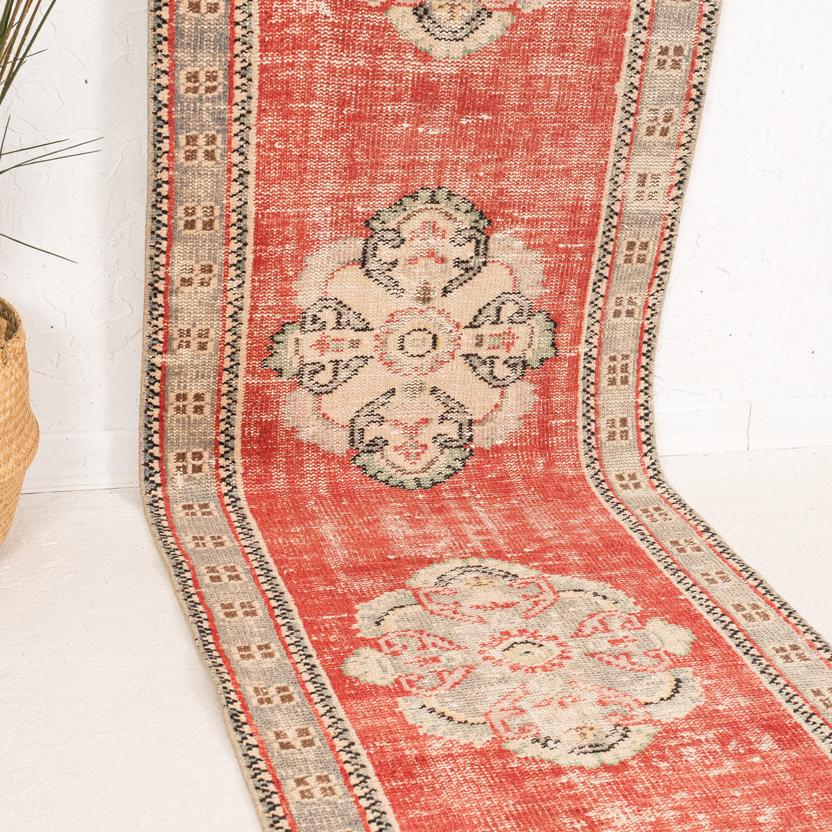 Red and Beige Runner Wool Rug