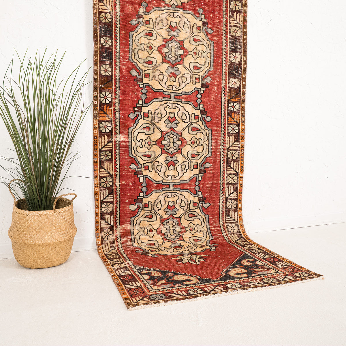 Red and Beige Runner Wool Rug