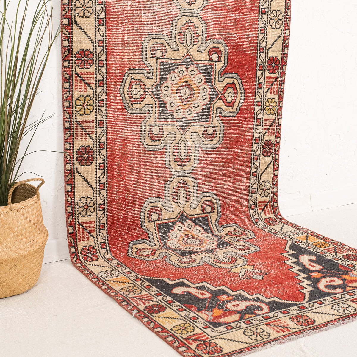 Red and Beige Runner Wool Rug